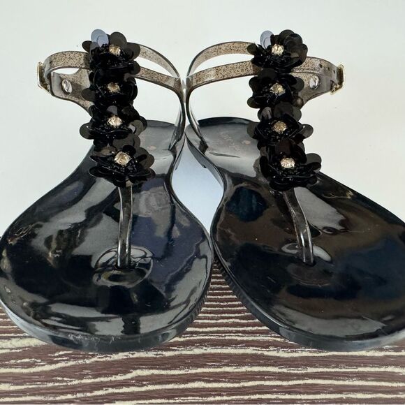 Kate Spade Farrah Black Glitter Jelly Sandals Rhinestones Floral Sz 6 Rubber - Picture 9 of 15